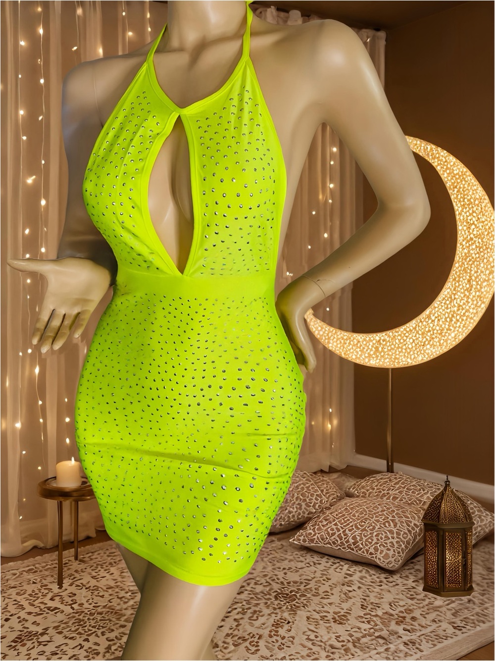 Daisy Neon Lime Rhinestone Halter Bodycon Dress